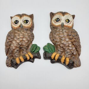 Vintage Owl Wall Hanging Decor Handmade Ceramic Set of Two Retro Eclectic Boho